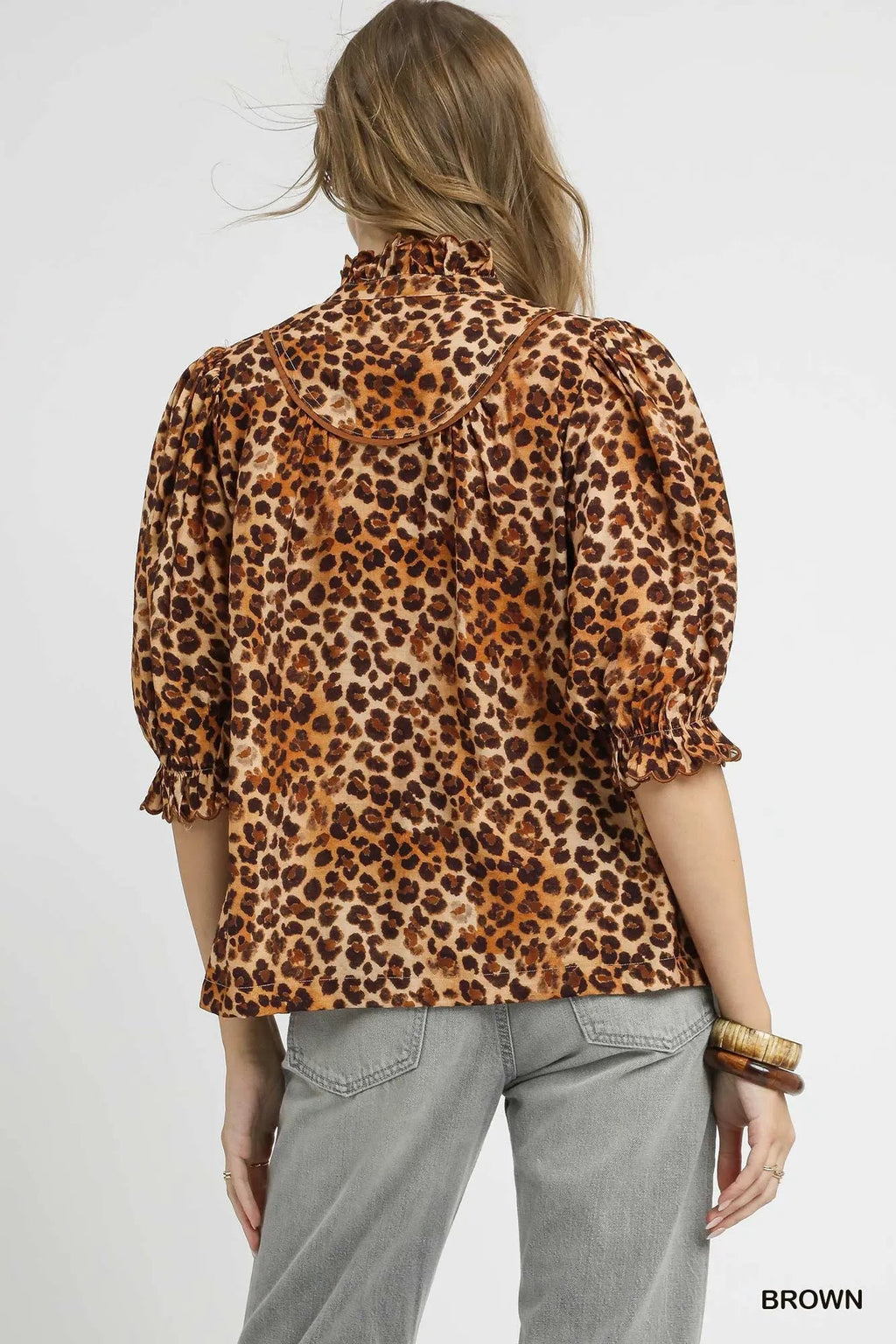 Umgee Full Size Leopard Print Ruffle Neck Blouse Plus Size - TheMomCo.