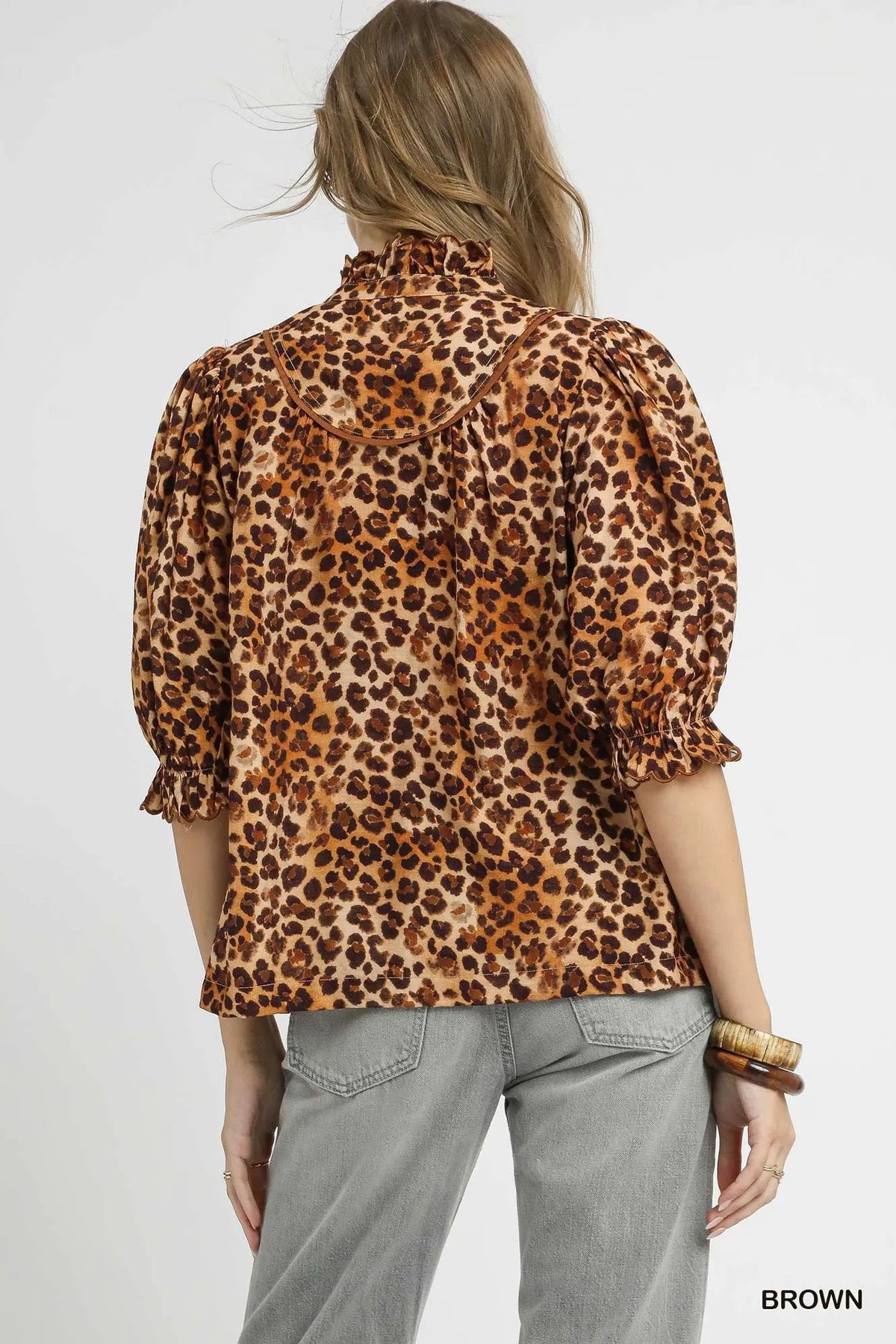 Umgee Full Size Leopard Print Ruffle Neck Blouse Plus Size - TheMomCo.