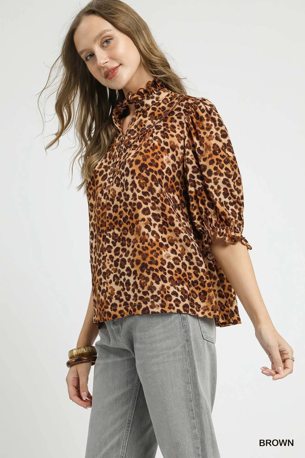 Umgee Full Size Leopard Print Ruffle Neck Blouse Plus Size - TheMomCo.