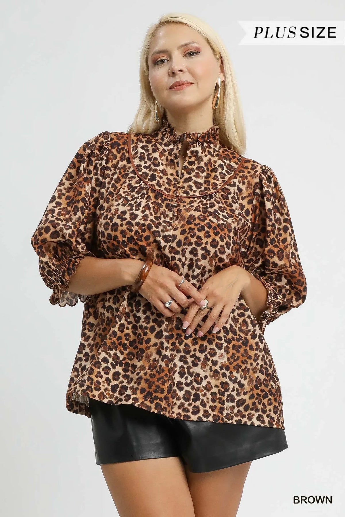 Umgee Full Size Leopard Print Ruffle Neck Blouse Plus Size - TheMomCo.