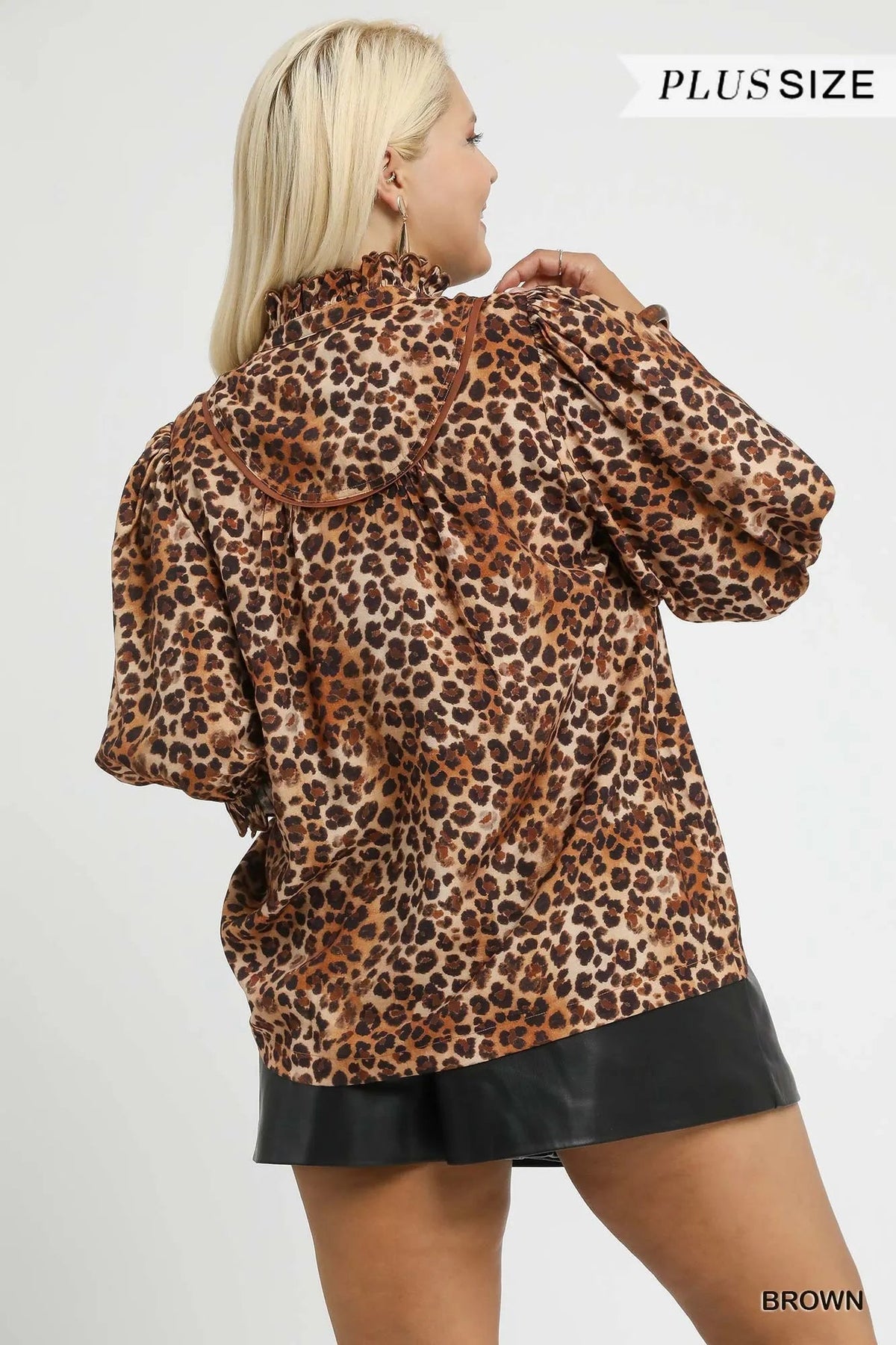 Umgee Full Size Leopard Print Ruffle Neck Blouse Plus Size - TheMomCo.