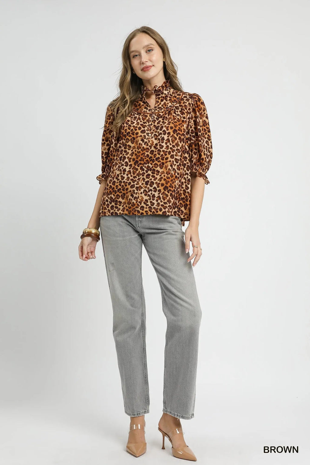 Umgee Full Size Leopard Print Ruffle Neck Blouse Plus Size - TheMomCo.