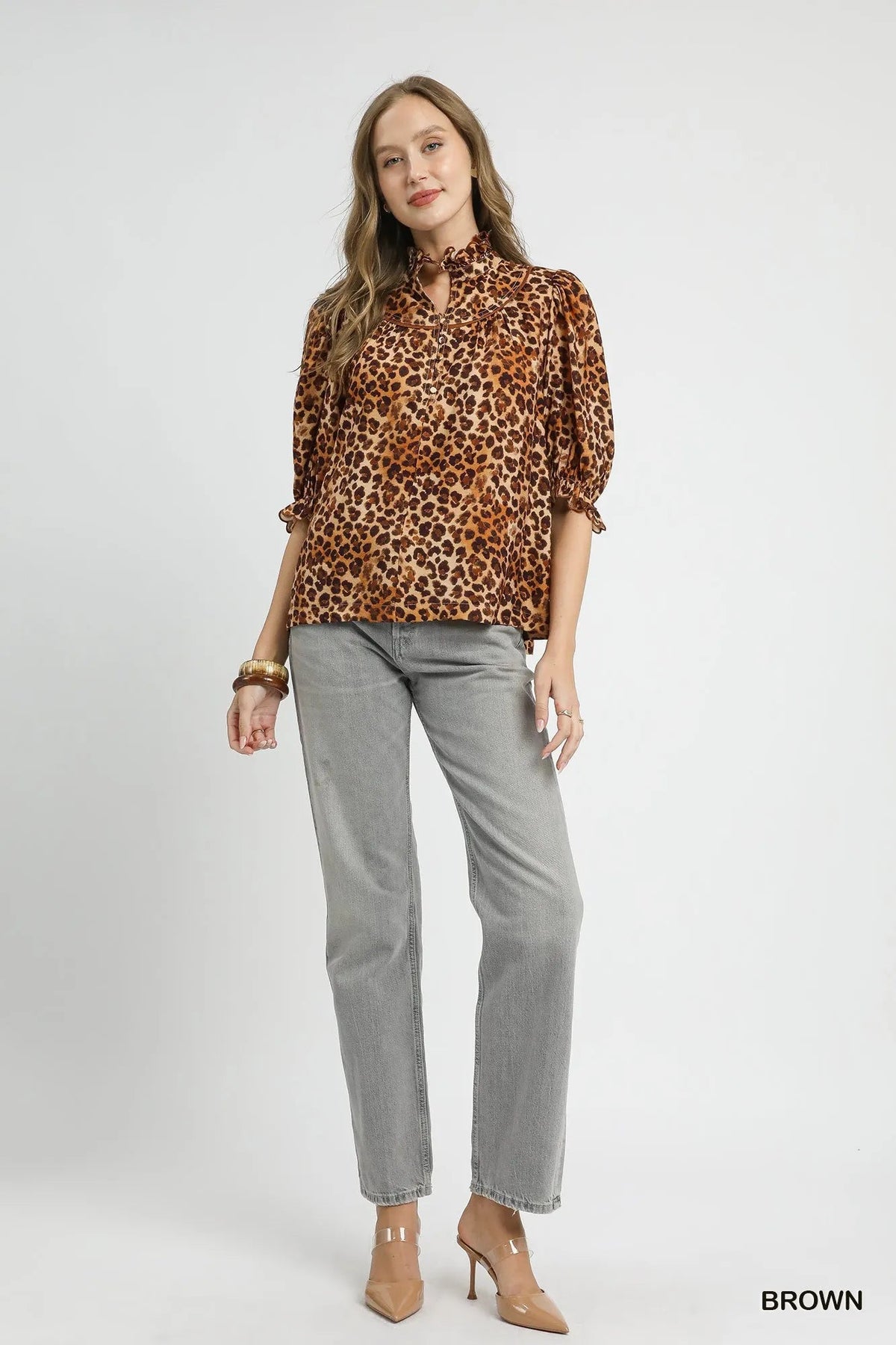 Umgee Full Size Leopard Print Ruffle Neck Blouse Plus Size - TheMomCo.