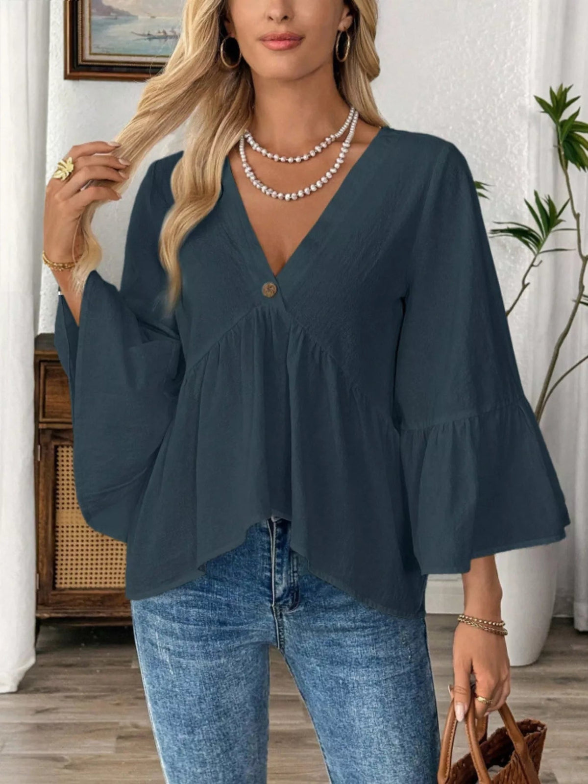 V-Neck Bell Sleeve Blouse - TheMomCo.