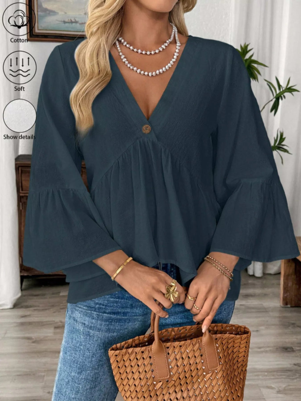 V-Neck Bell Sleeve Blouse - TheMomCo.