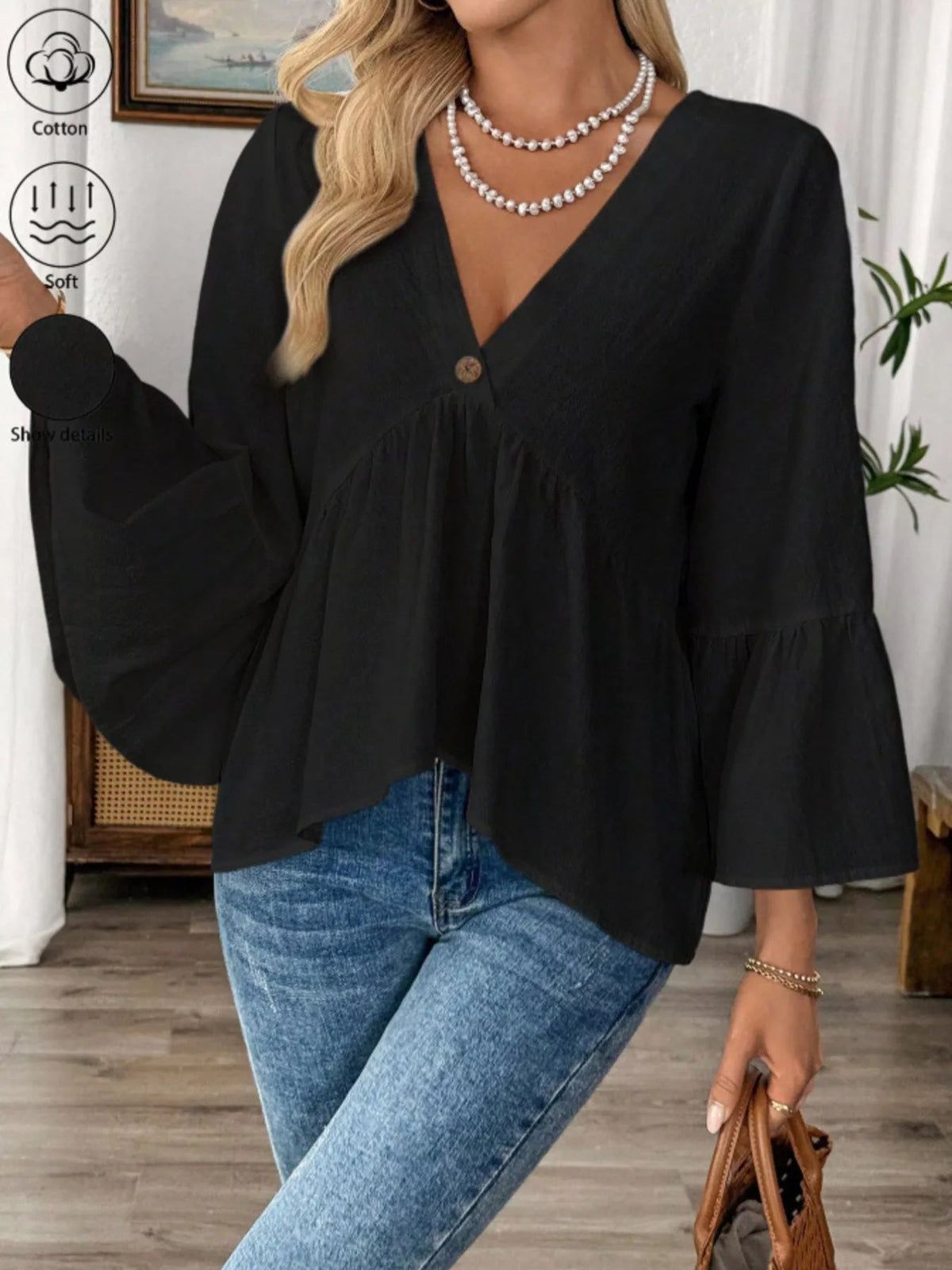V-Neck Bell Sleeve Blouse - TheMomCo.