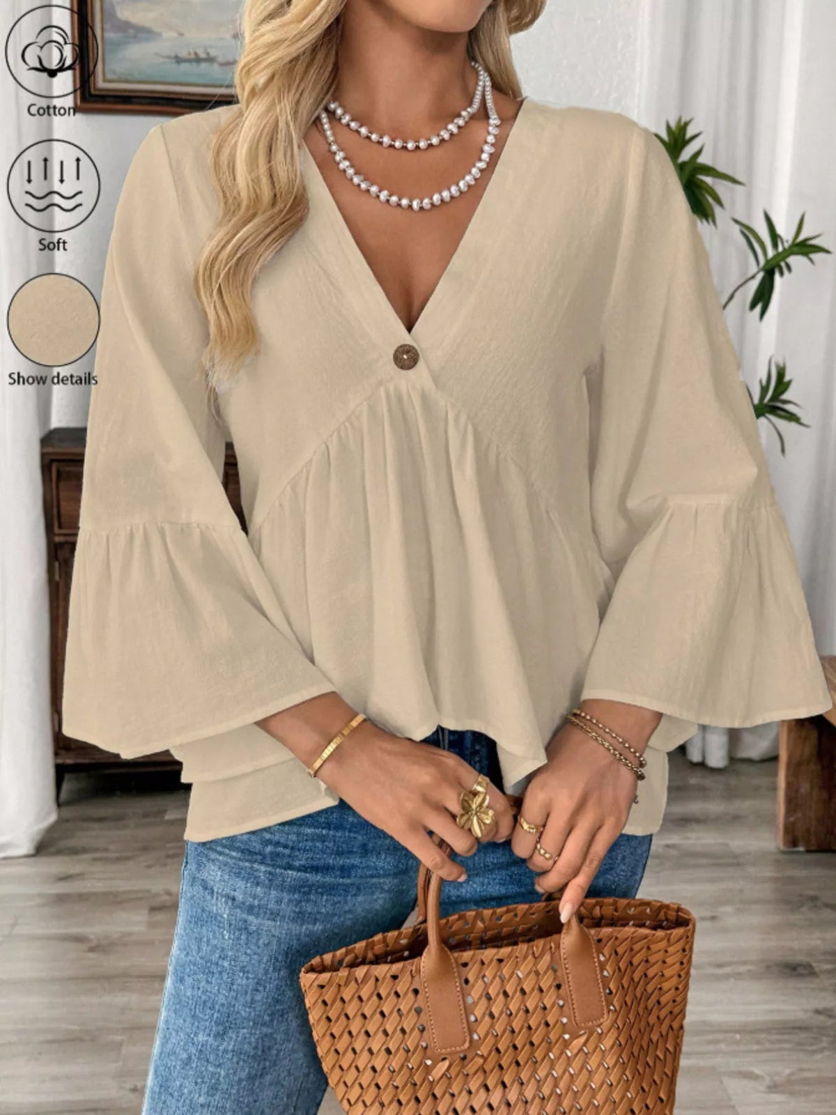V-Neck Bell Sleeve Blouse - TheMomCo.