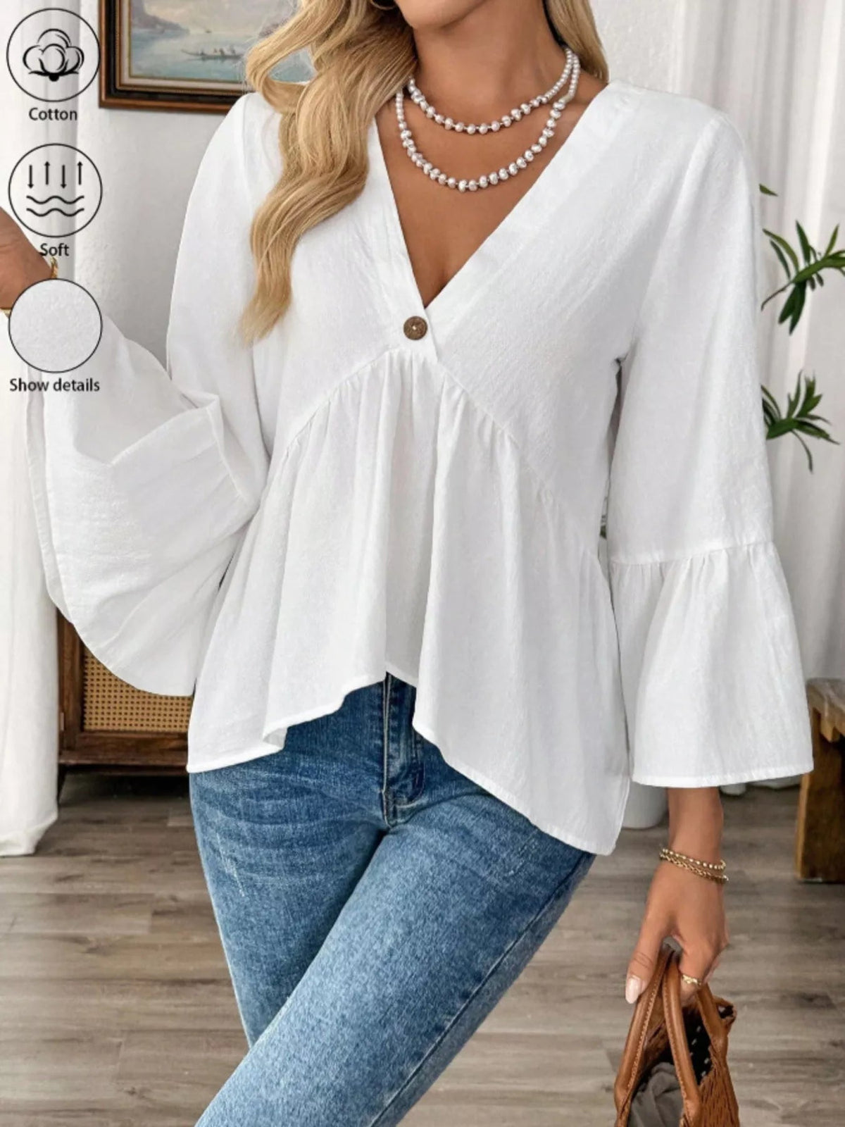 V-Neck Bell Sleeve Blouse - TheMomCo.