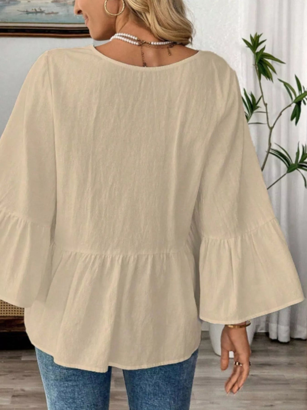 V-Neck Bell Sleeve Blouse - TheMomCo.