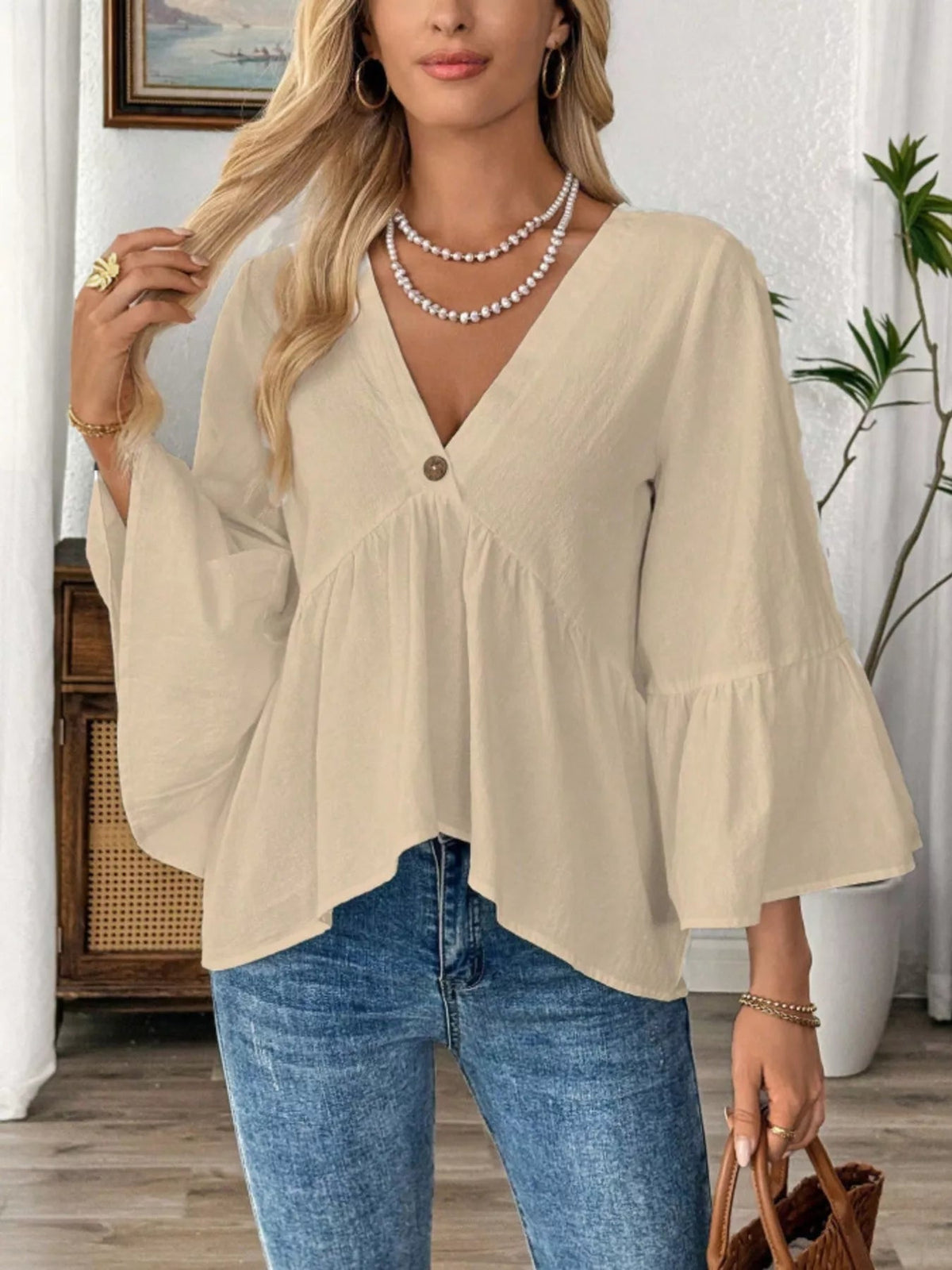 V-Neck Bell Sleeve Blouse - TheMomCo.