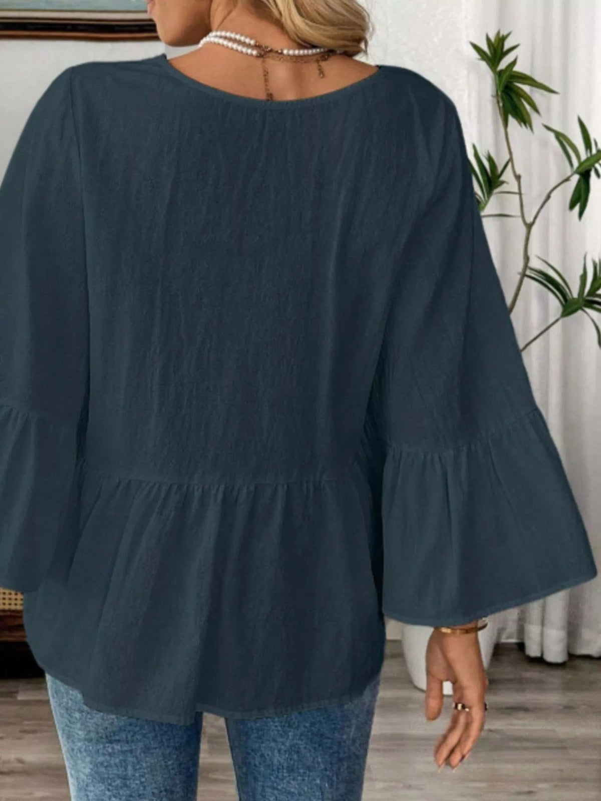 V-Neck Bell Sleeve Blouse - TheMomCo.