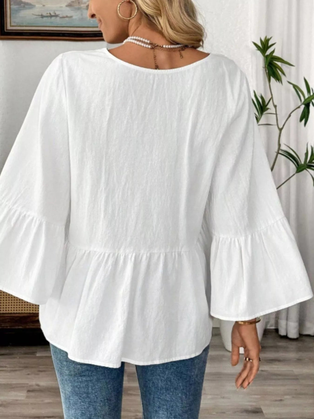 V-Neck Bell Sleeve Blouse - TheMomCo.