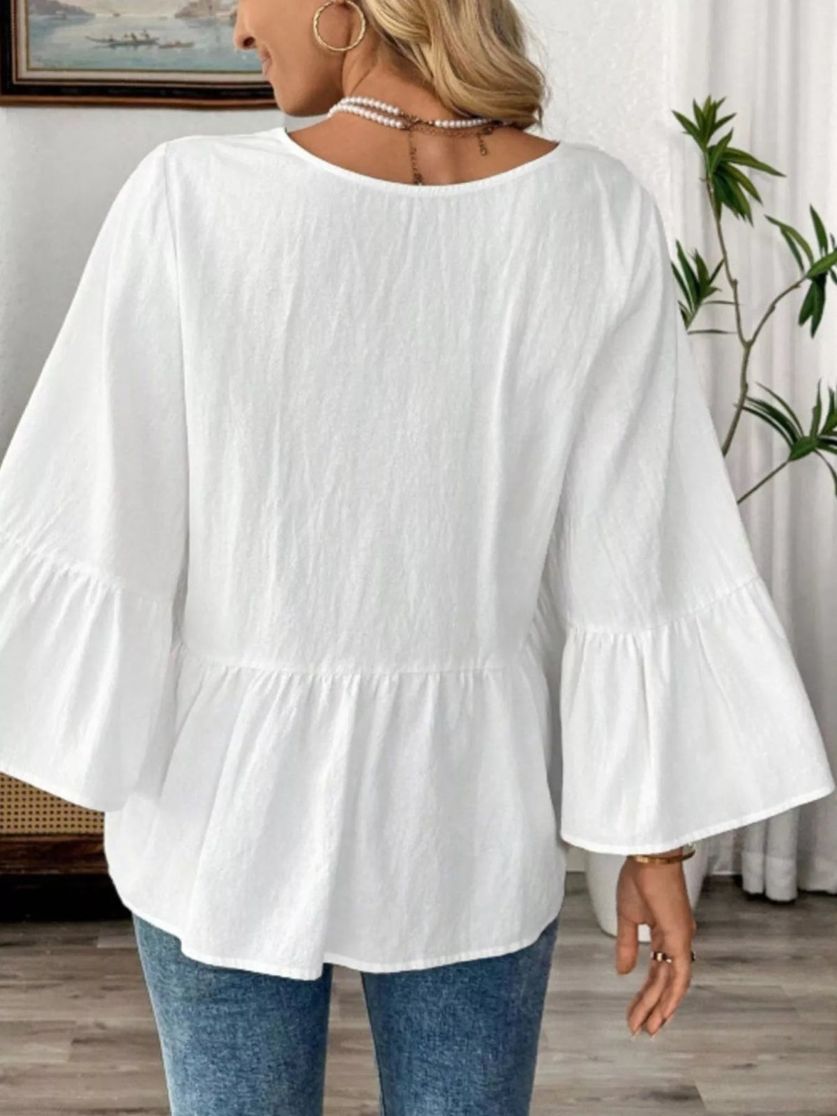 V-Neck Bell Sleeve Blouse - TheMomCo.
