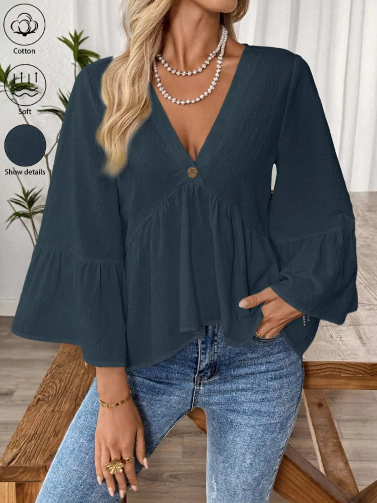 V-Neck Bell Sleeve Blouse - TheMomCo.