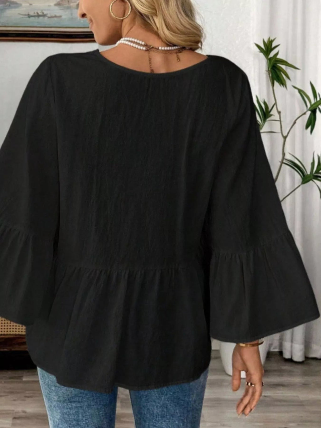 V-Neck Bell Sleeve Blouse - TheMomCo.