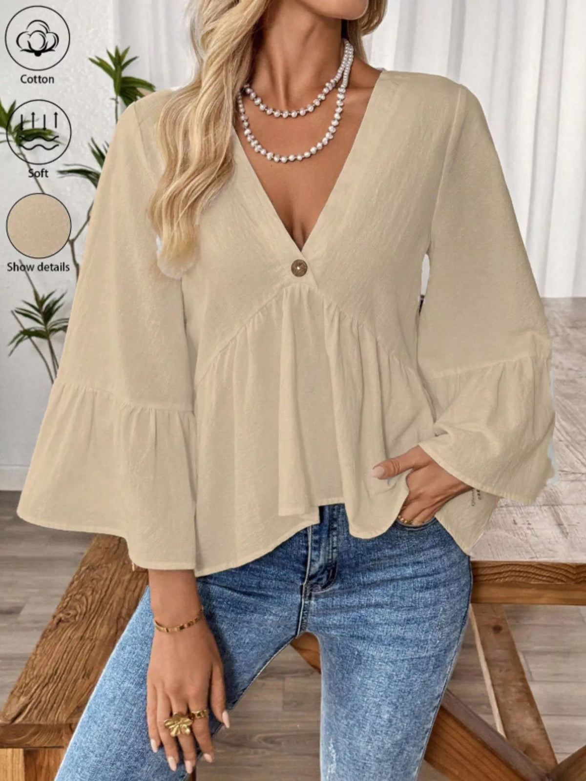 V-Neck Bell Sleeve Blouse - TheMomCo.