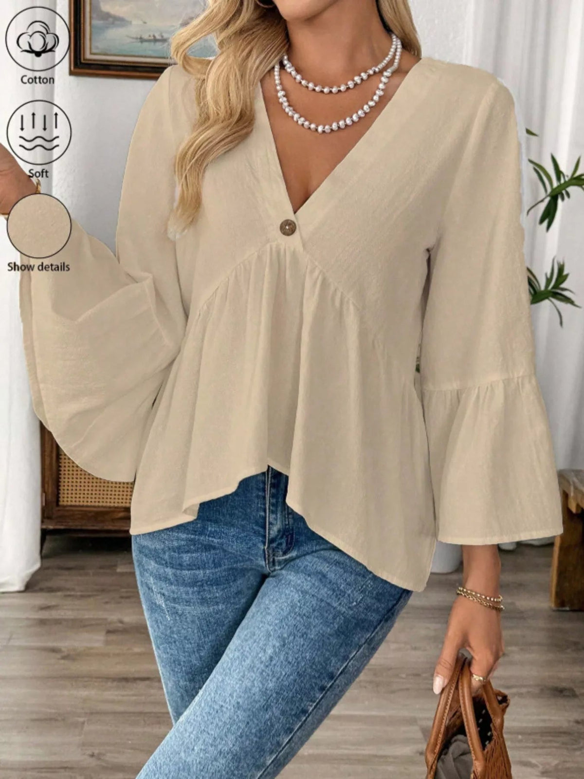 V-Neck Bell Sleeve Blouse - TheMomCo.