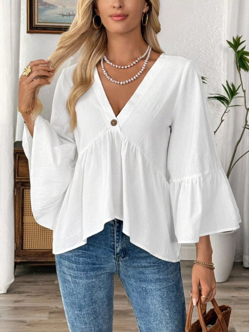 V-Neck Bell Sleeve Blouse - TheMomCo.