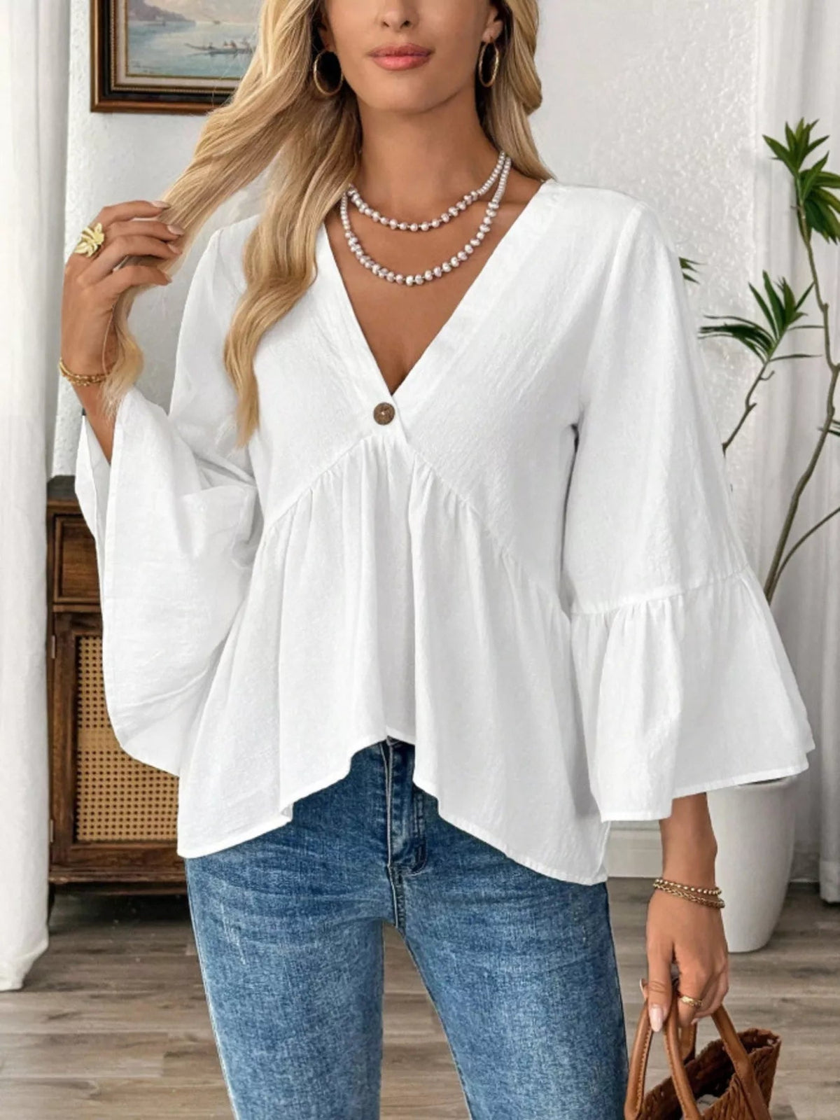 V-Neck Bell Sleeve Blouse - TheMomCo.