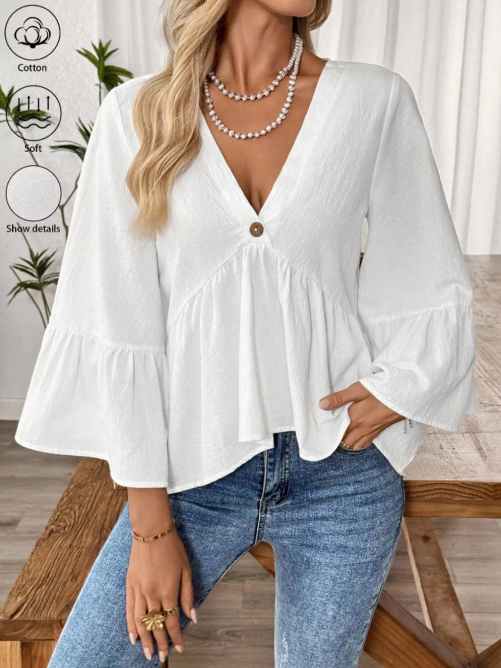 V-Neck Bell Sleeve Blouse - TheMomCo.