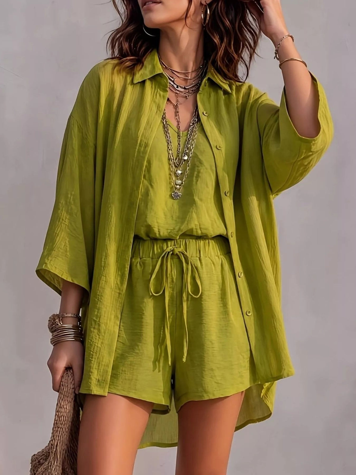 V-Neck Tank & Button-Down Shirt and Shorts Set - TheMomCo.