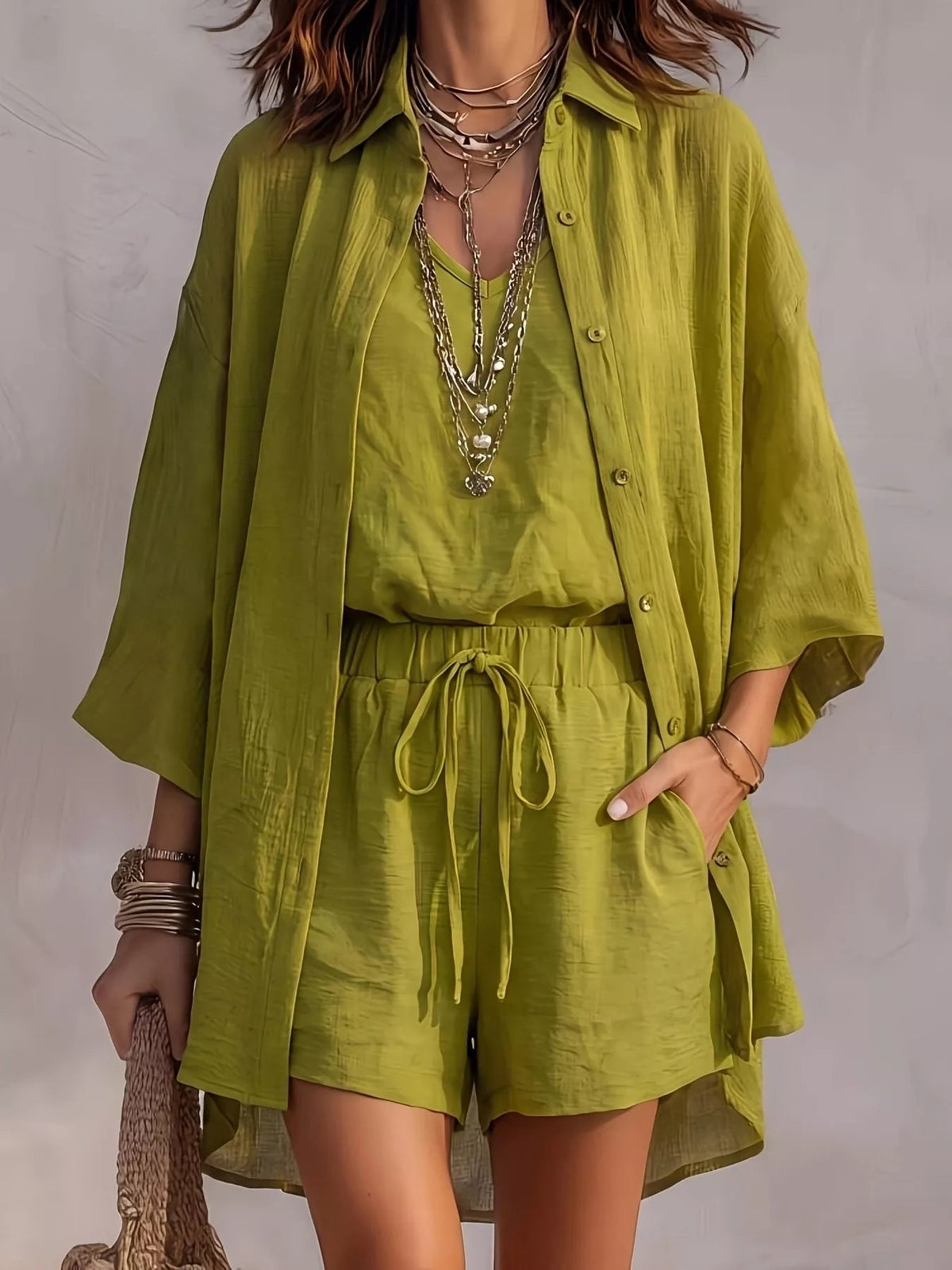 V-Neck Tank & Button-Down Shirt and Shorts Set - TheMomCo.