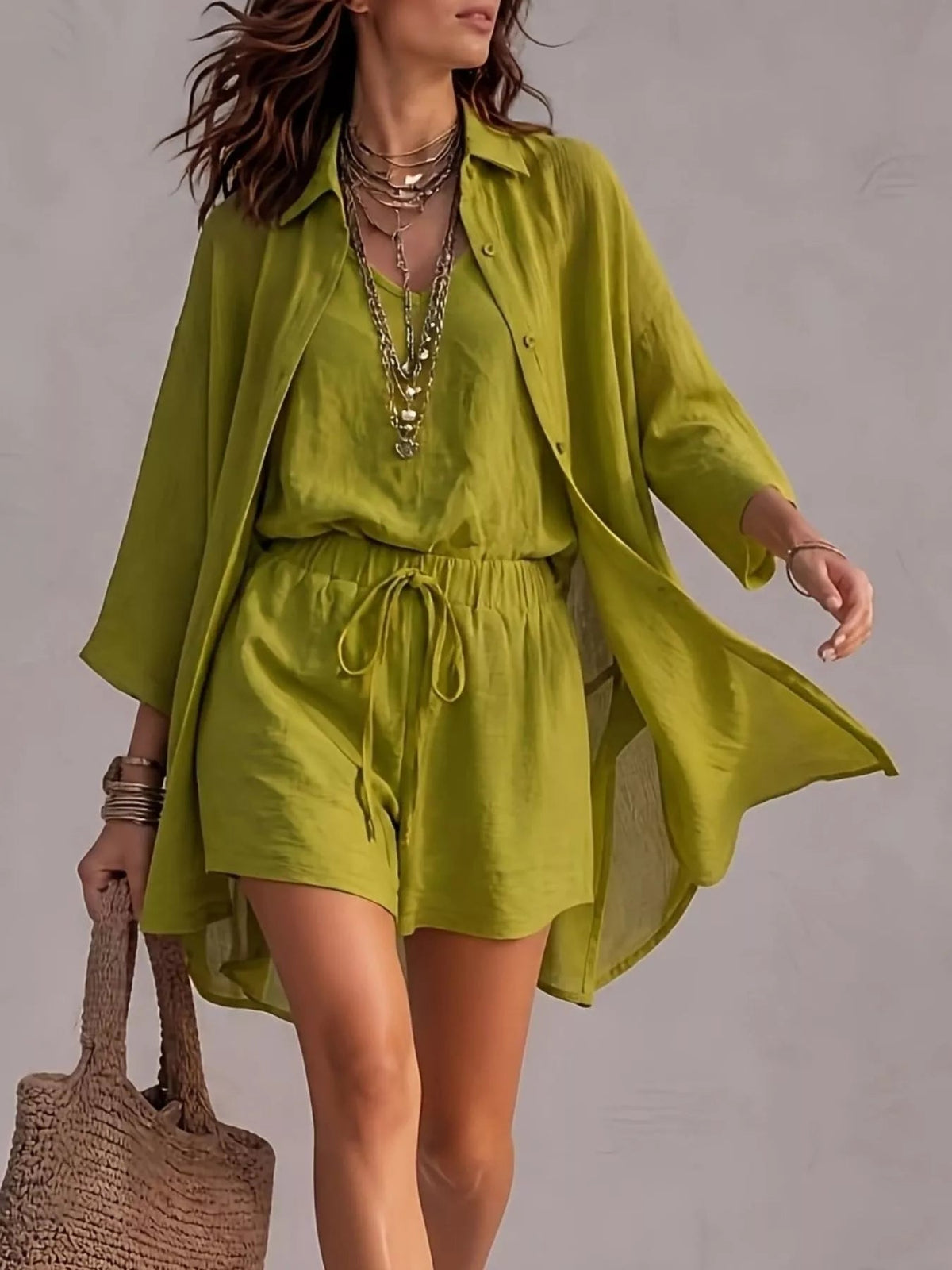 V-Neck Tank & Button-Down Shirt and Shorts Set - TheMomCo.