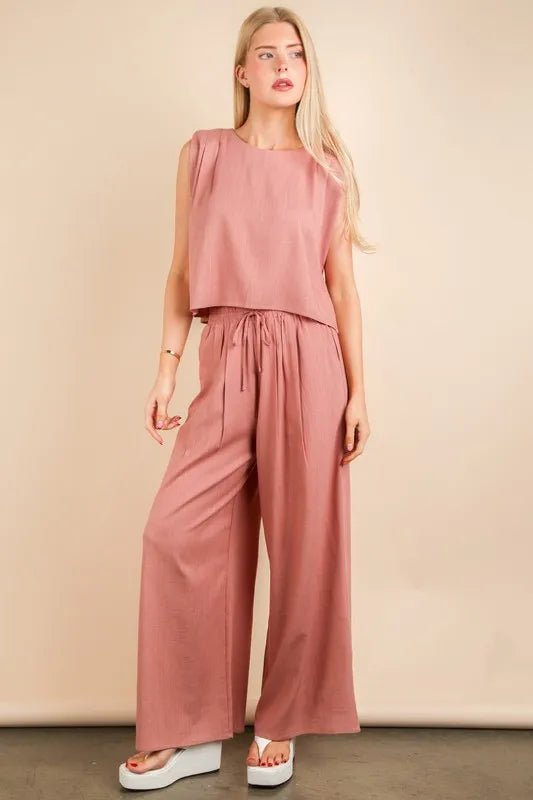 VERY J Solid Woven Top & Pants Set - TheMomCo.