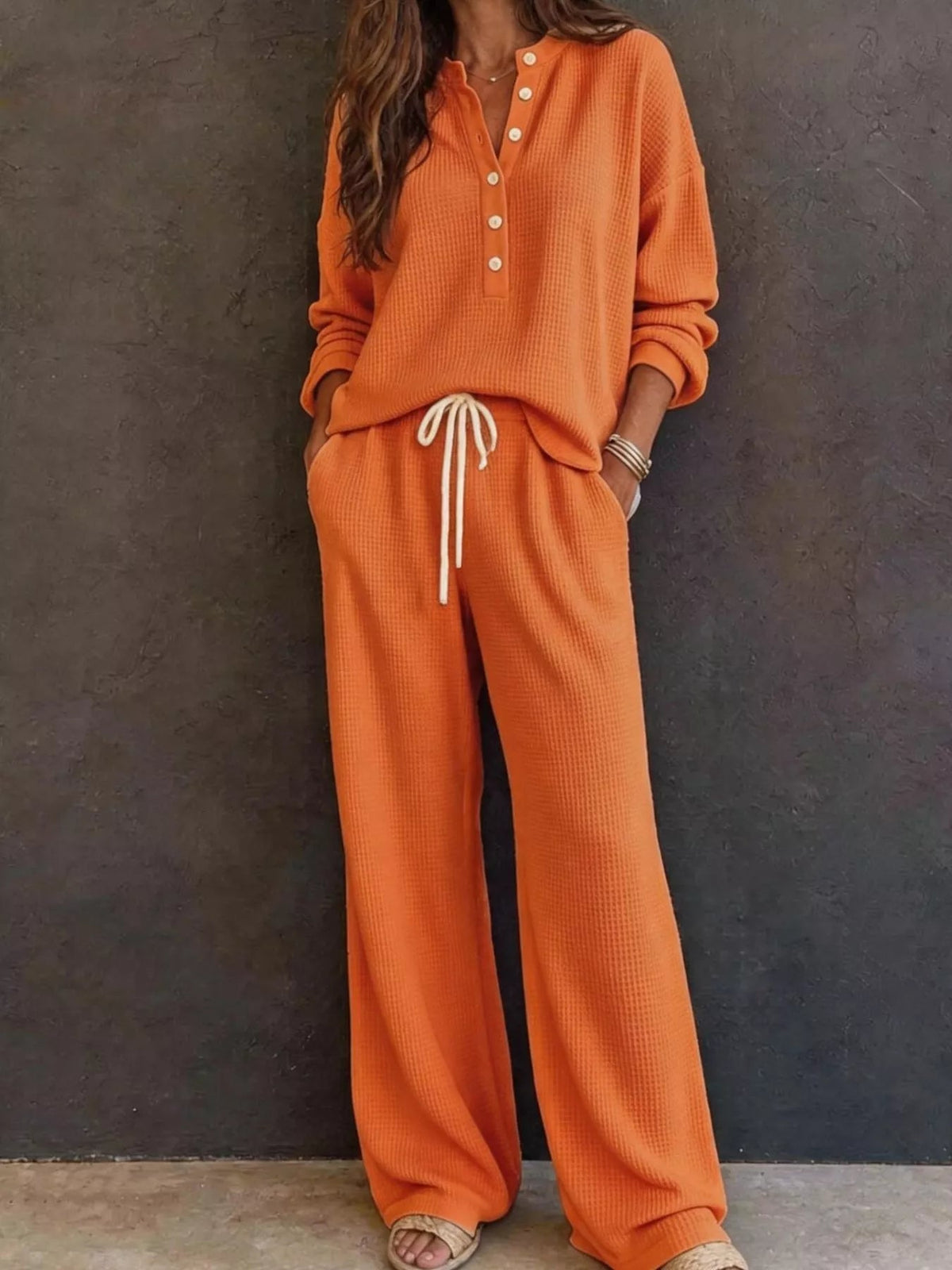 Waffle Knit Henley Top and Wide Leg Pants Set - TheMomCo.