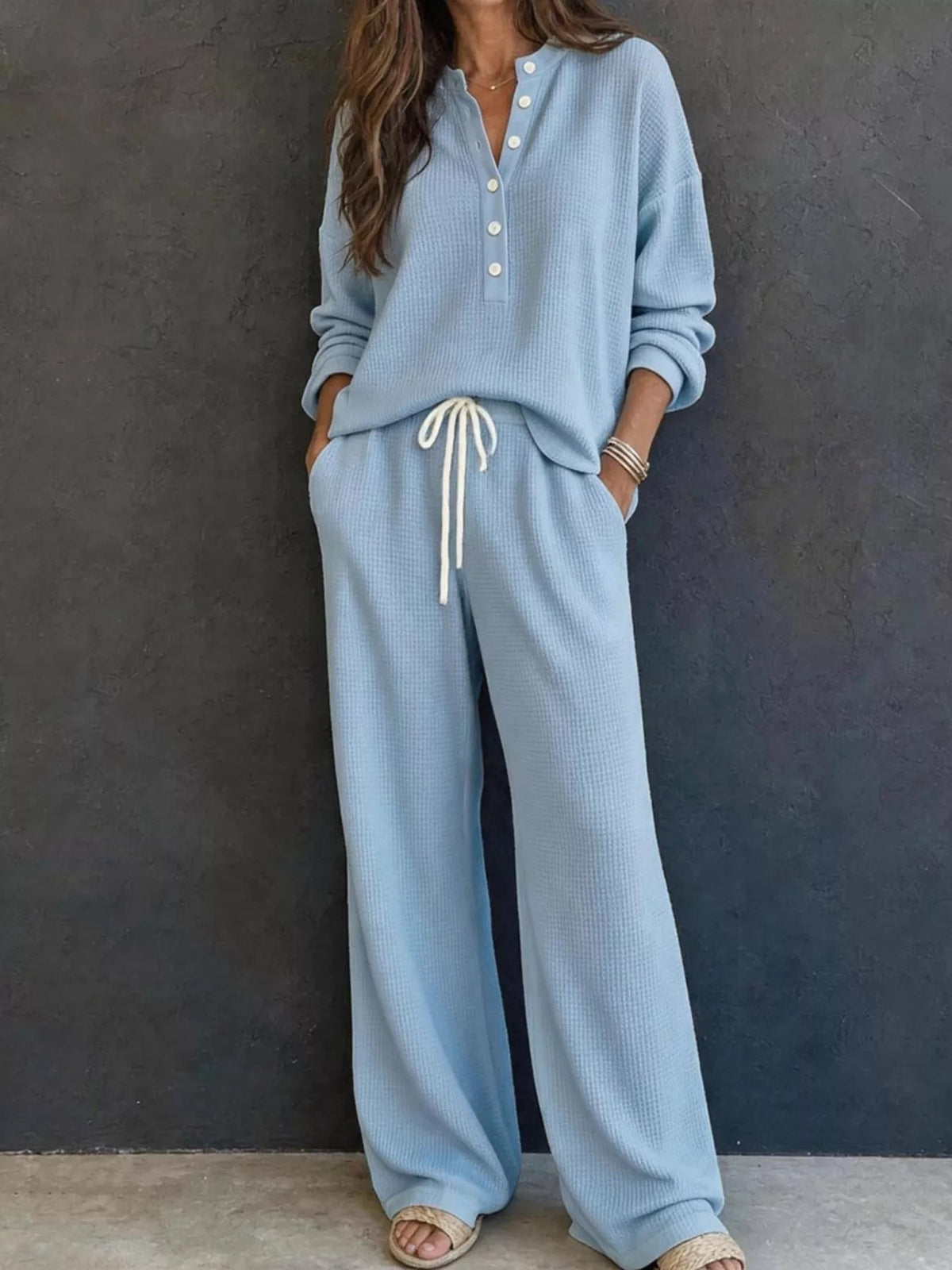 Waffle Knit Henley Top and Wide Leg Pants Set - TheMomCo.