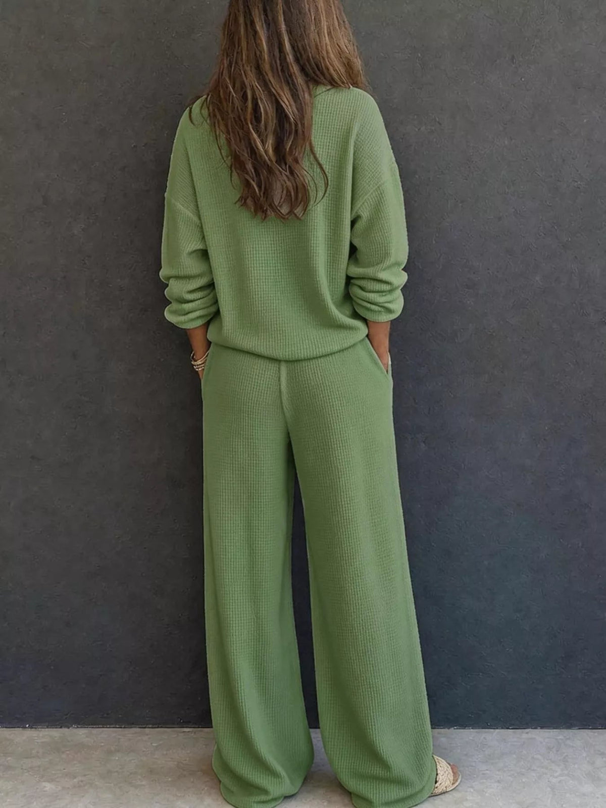 Waffle Knit Henley Top and Wide Leg Pants Set - TheMomCo.