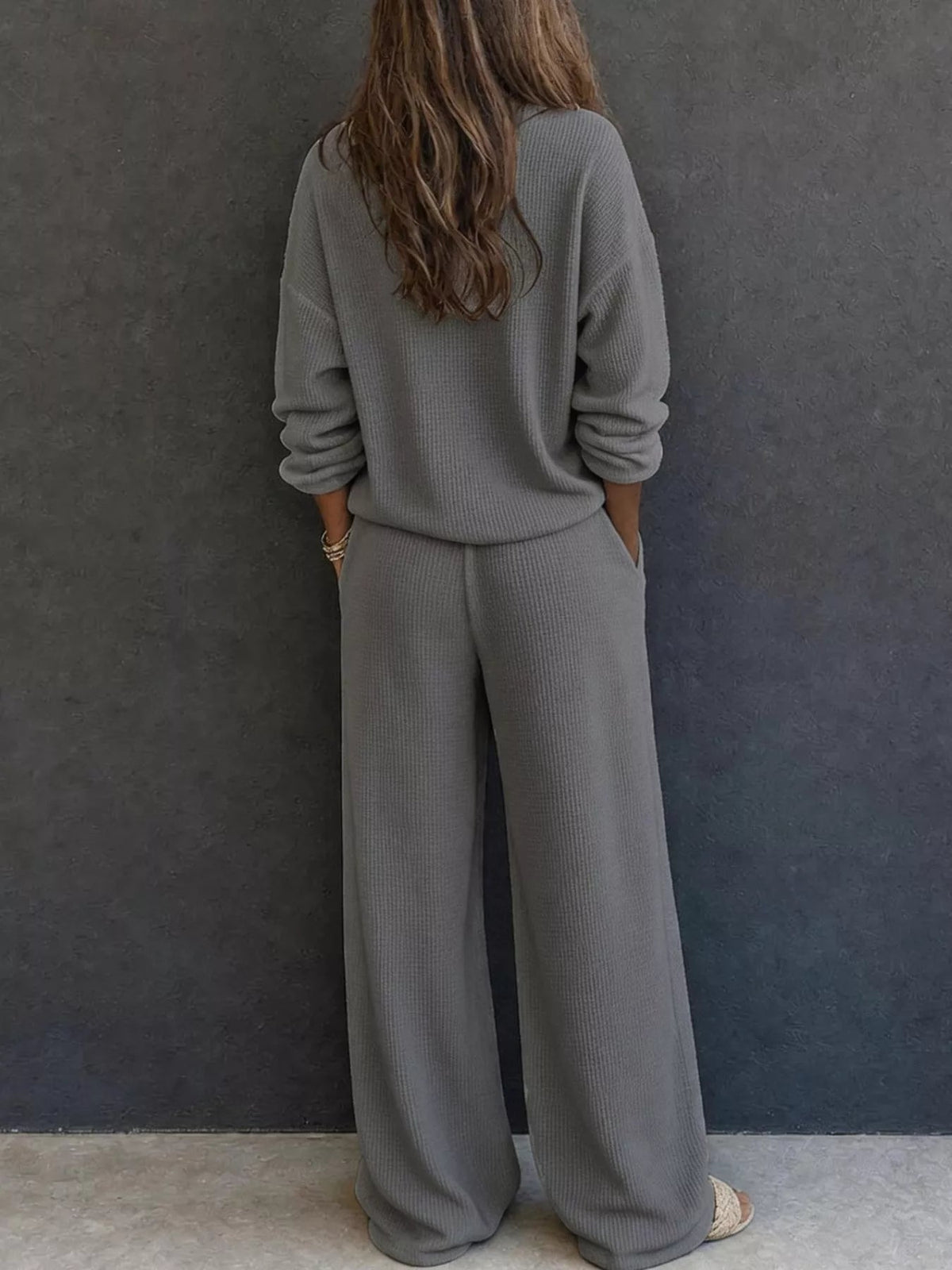 Waffle Knit Henley Top and Wide Leg Pants Set - TheMomCo.