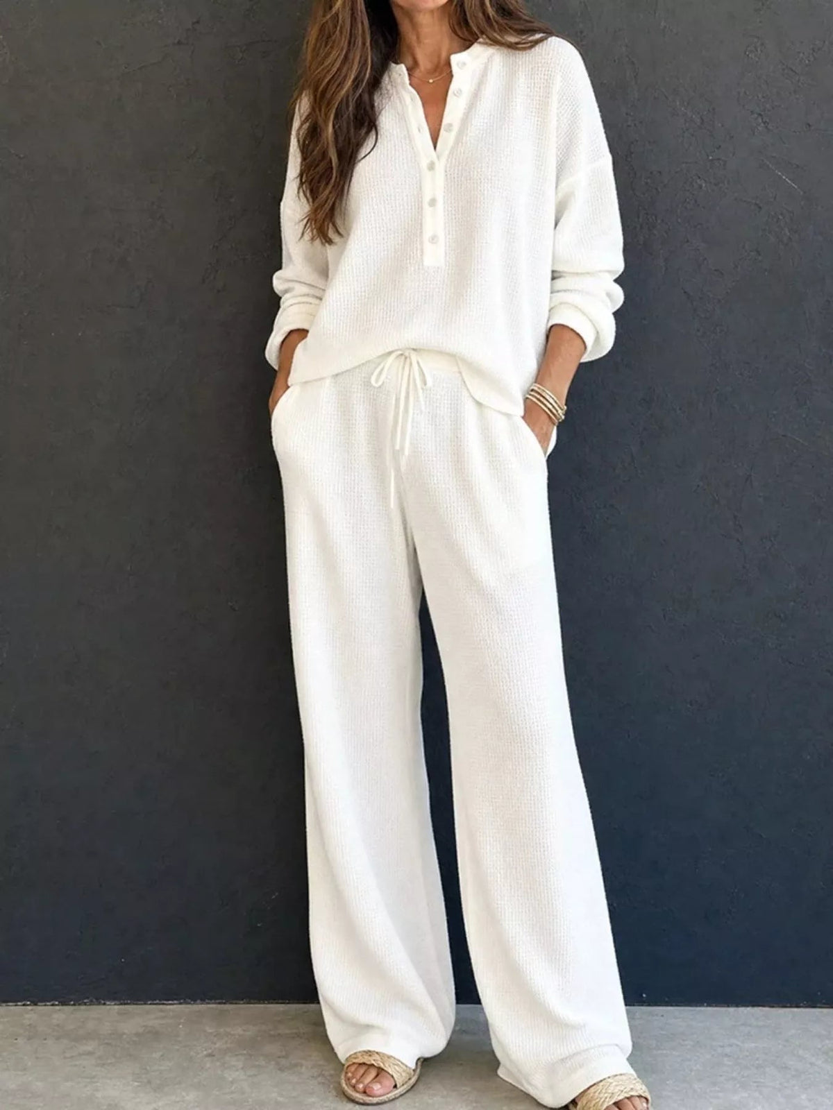 Waffle Knit Henley Top and Wide Leg Pants Set - TheMomCo.