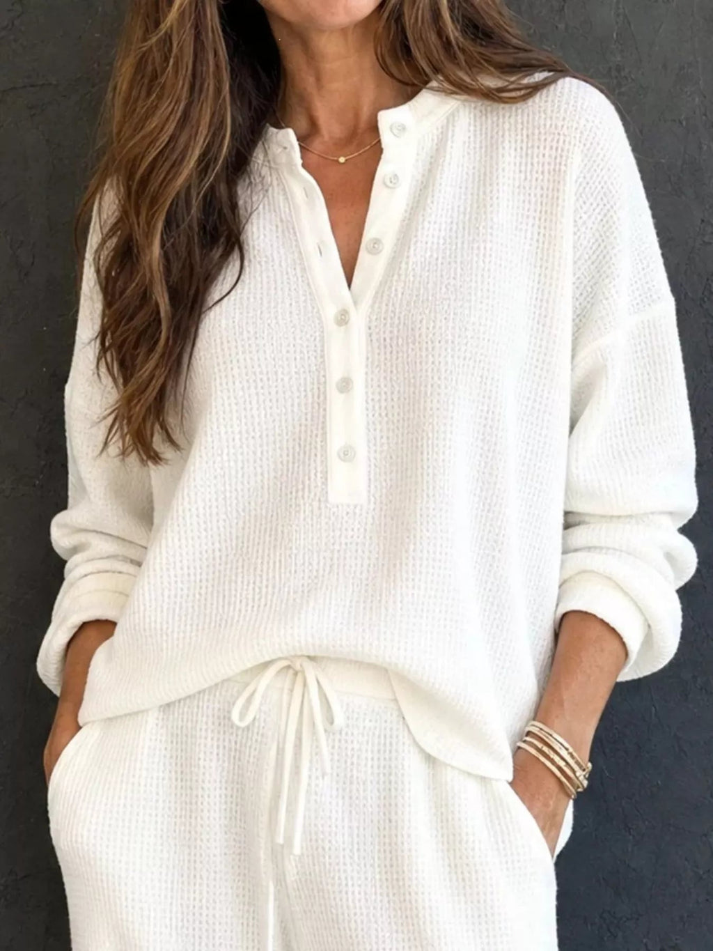 Waffle Knit Henley Top and Wide Leg Pants Set - TheMomCo.