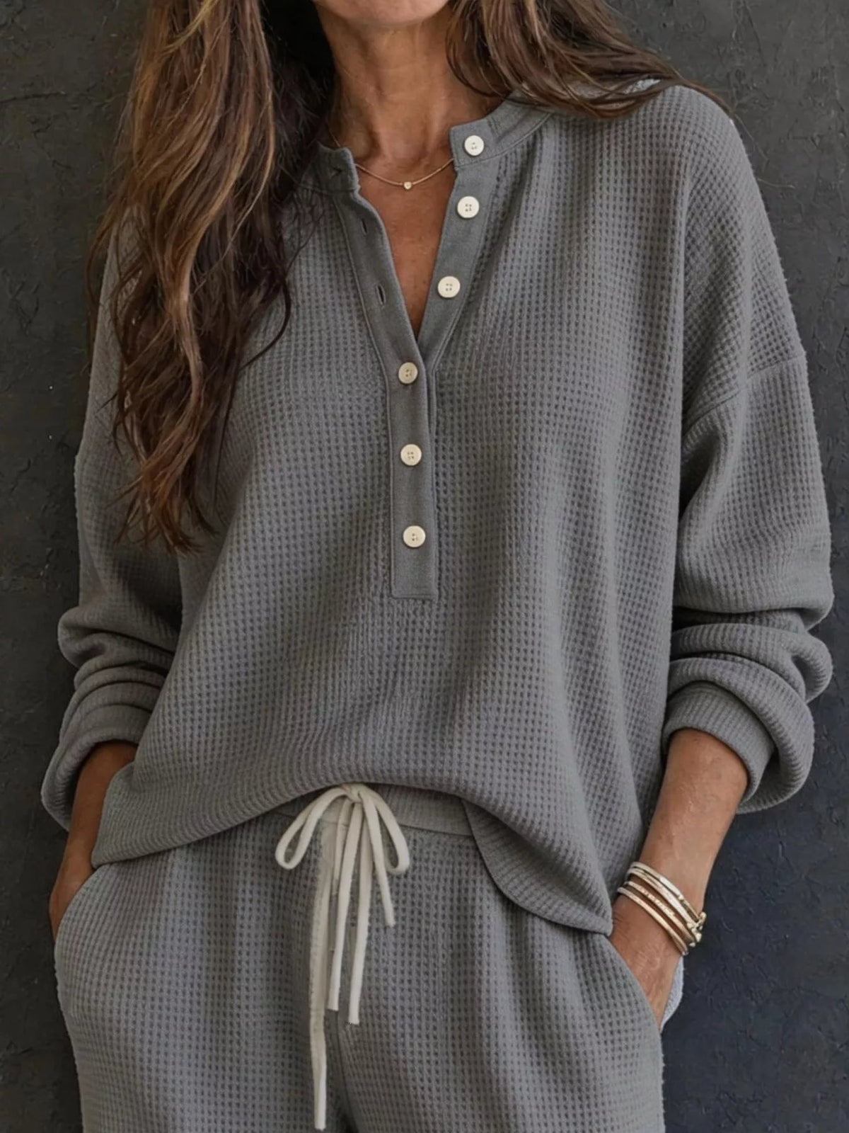 Waffle Knit Henley Top and Wide Leg Pants Set - TheMomCo.