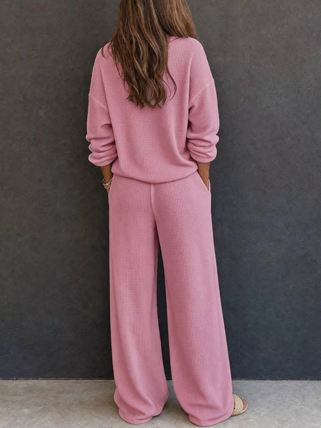 Waffle Knit Henley Top and Wide Leg Pants Set - TheMomCo.