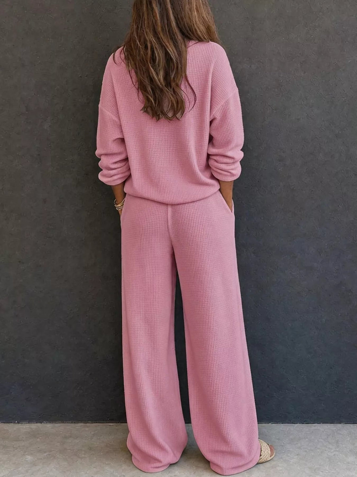 Waffle Knit Henley Top and Wide Leg Pants Set - TheMomCo.