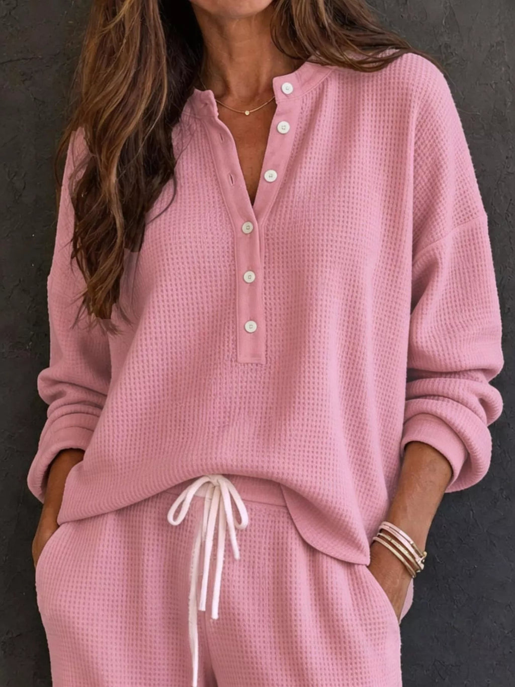 Waffle Knit Henley Top and Wide Leg Pants Set - TheMomCo.