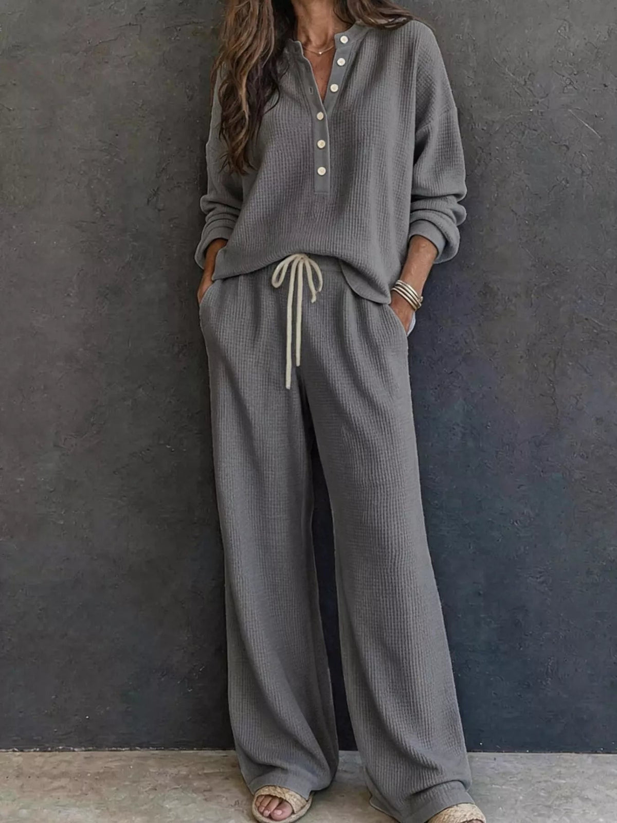 Waffle Knit Henley Top and Wide Leg Pants Set - TheMomCo.