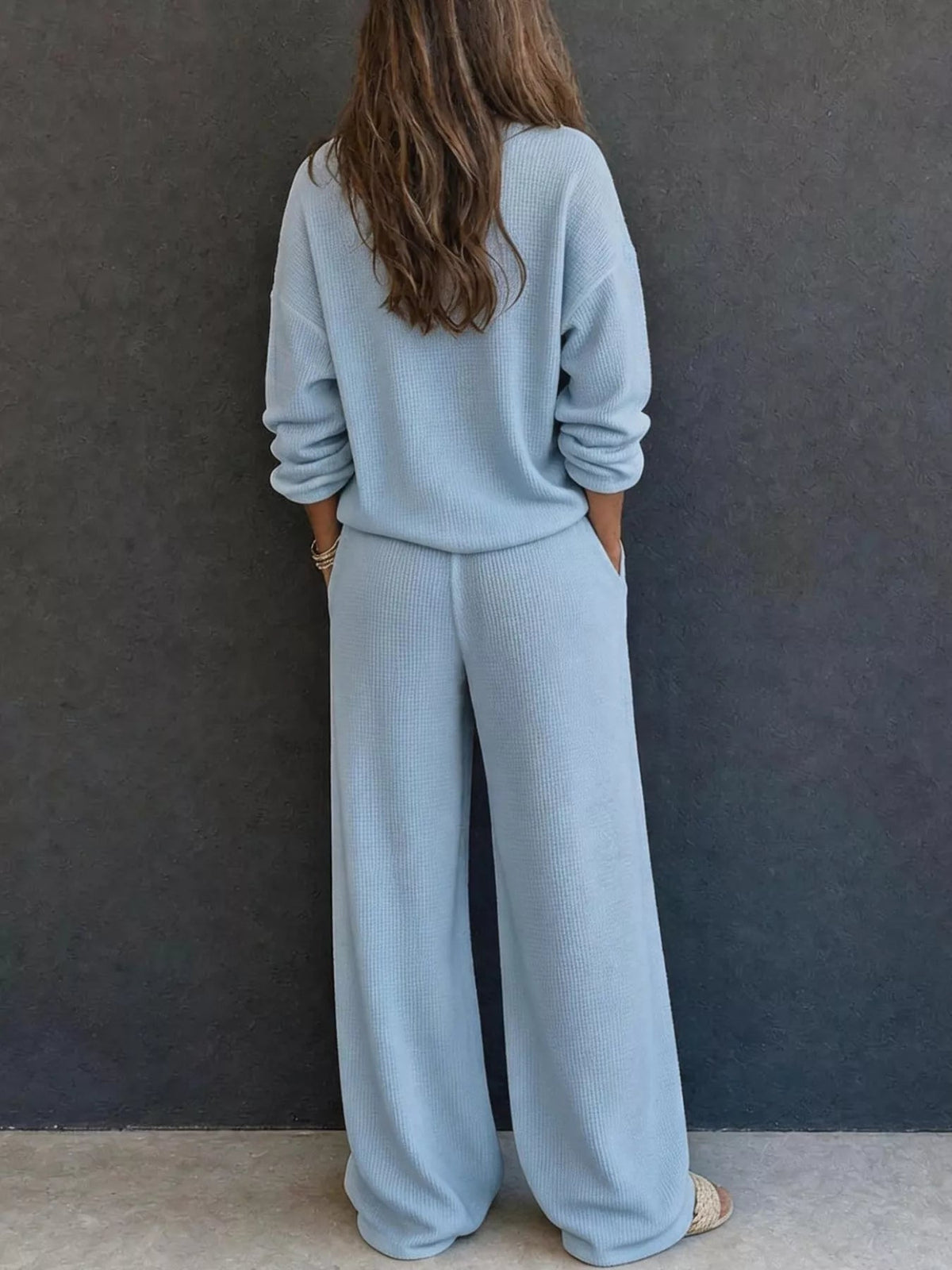 Waffle Knit Henley Top and Wide Leg Pants Set - TheMomCo.
