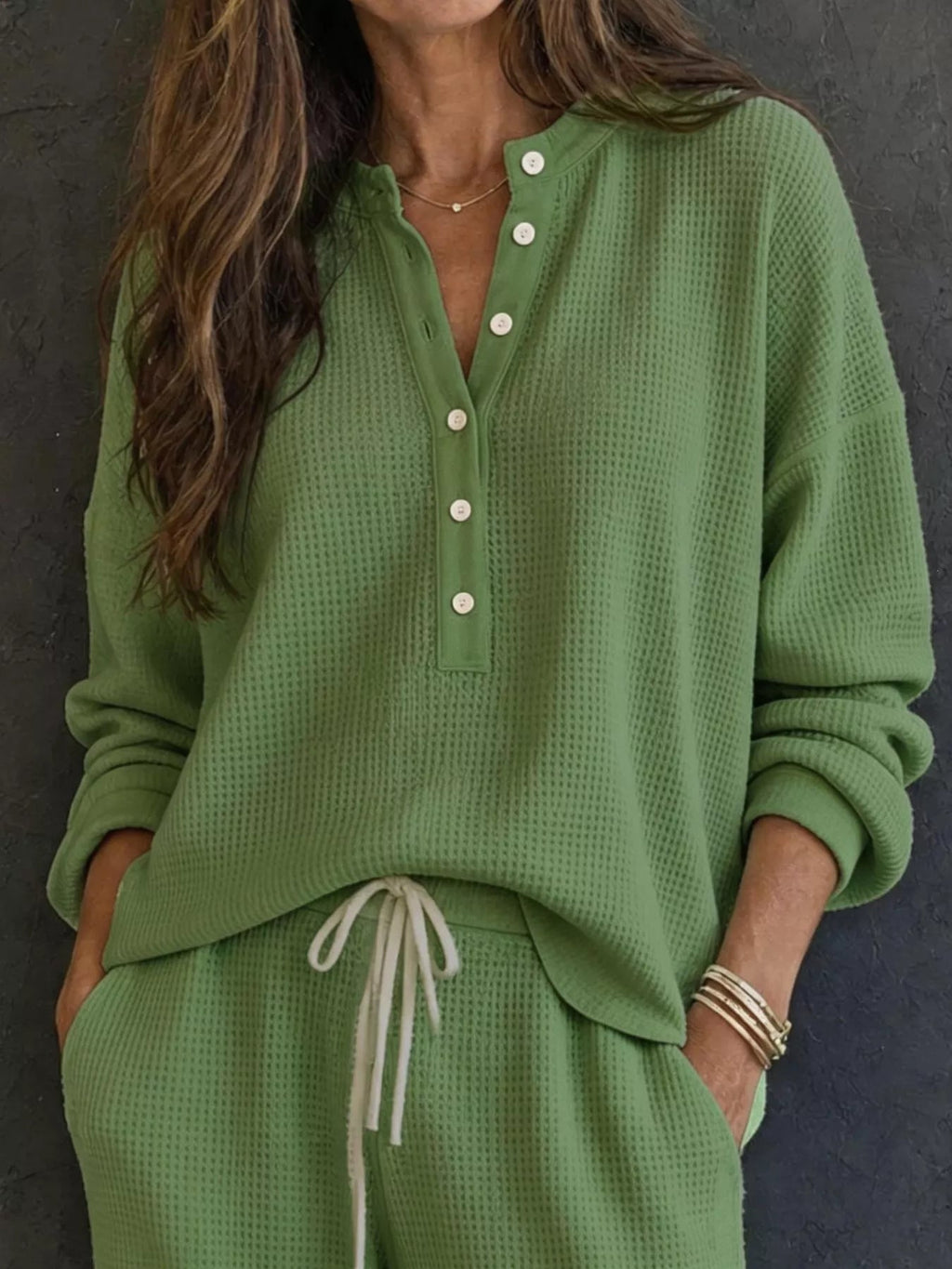 Waffle Knit Henley Top and Wide Leg Pants Set - TheMomCo.