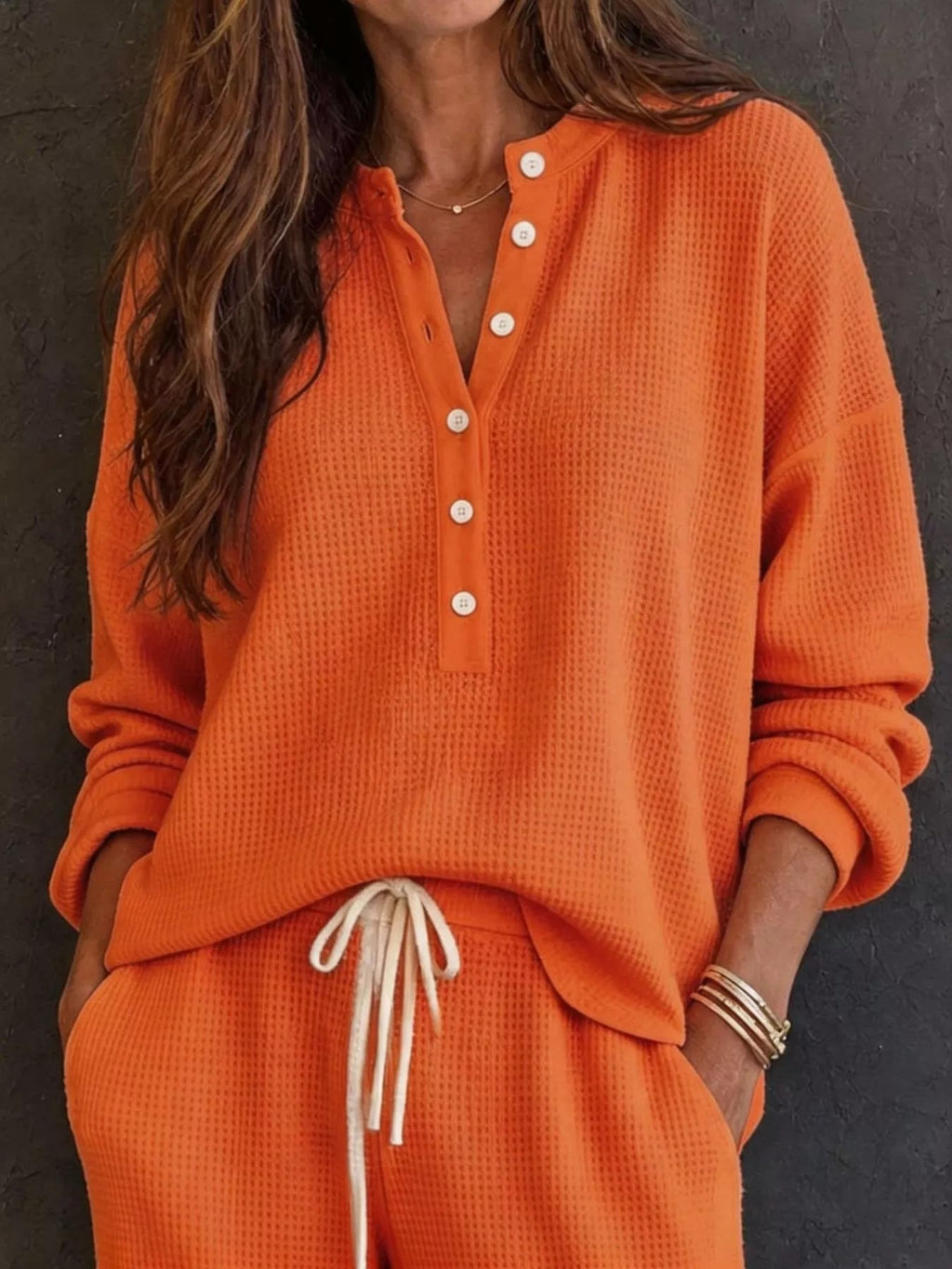 Waffle Knit Henley Top and Wide Leg Pants Set - TheMomCo.