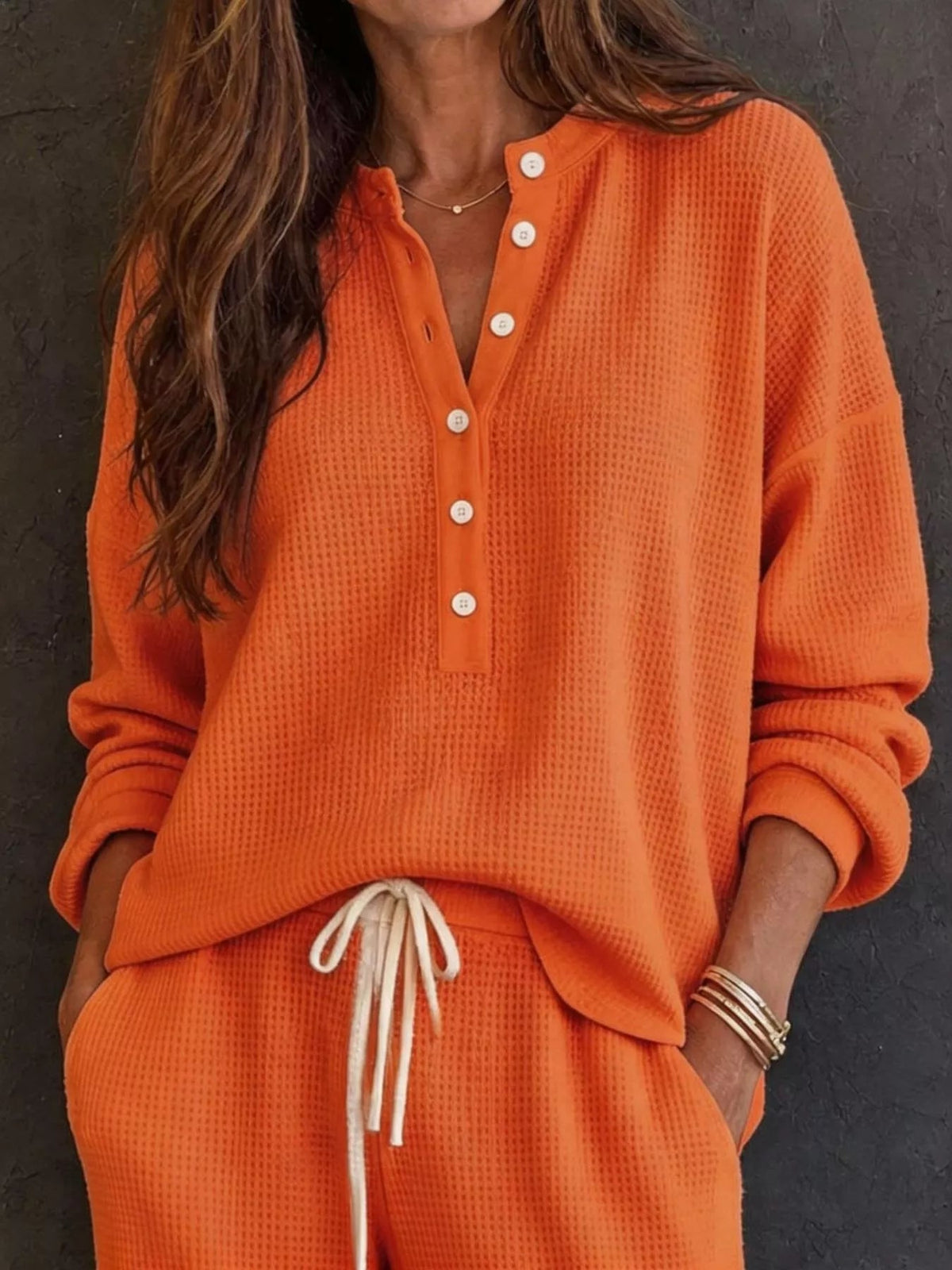 Waffle Knit Henley Top and Wide Leg Pants Set - TheMomCo.