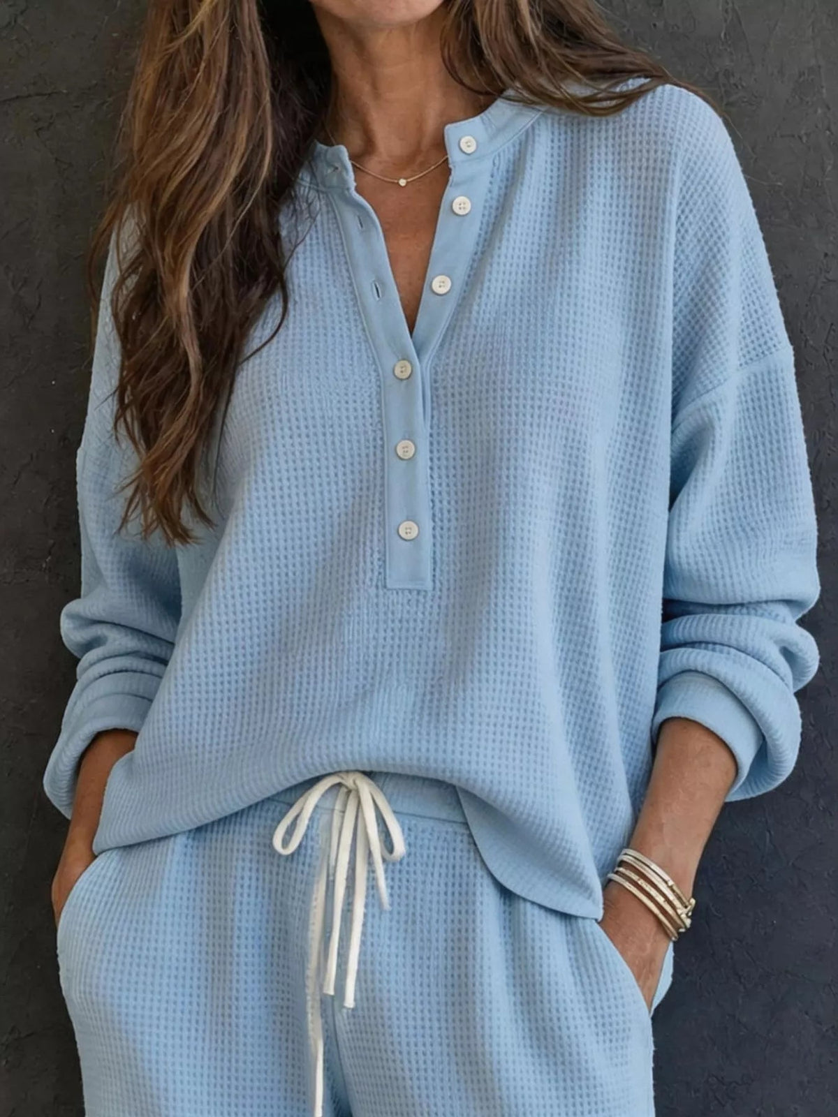 Waffle Knit Henley Top and Wide Leg Pants Set - TheMomCo.