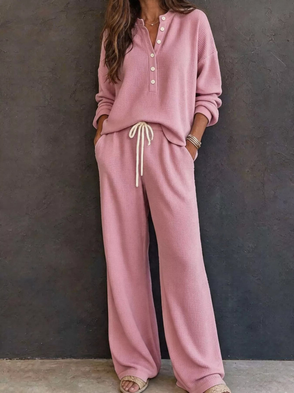 Waffle Knit Henley Top and Wide Leg Pants Set - TheMomCo.