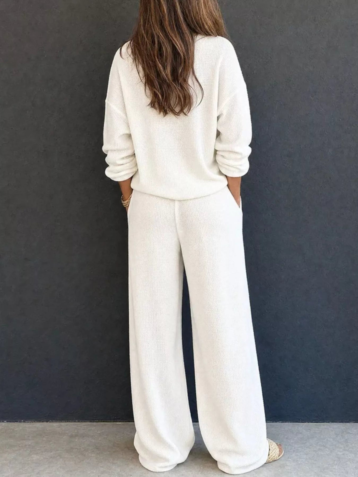 Waffle Knit Henley Top and Wide Leg Pants Set - TheMomCo.