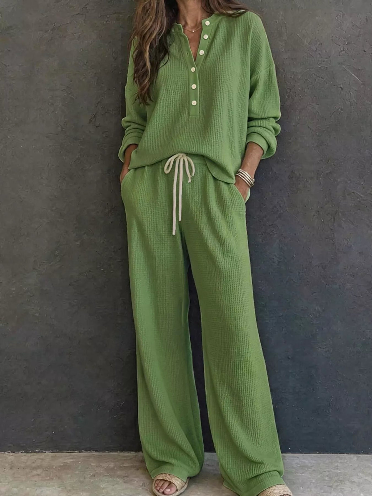 Waffle Knit Henley Top and Wide Leg Pants Set - TheMomCo.