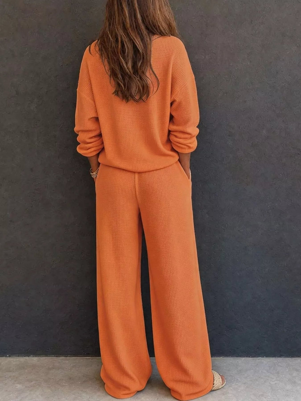 Waffle Knit Henley Top and Wide Leg Pants Set - TheMomCo.