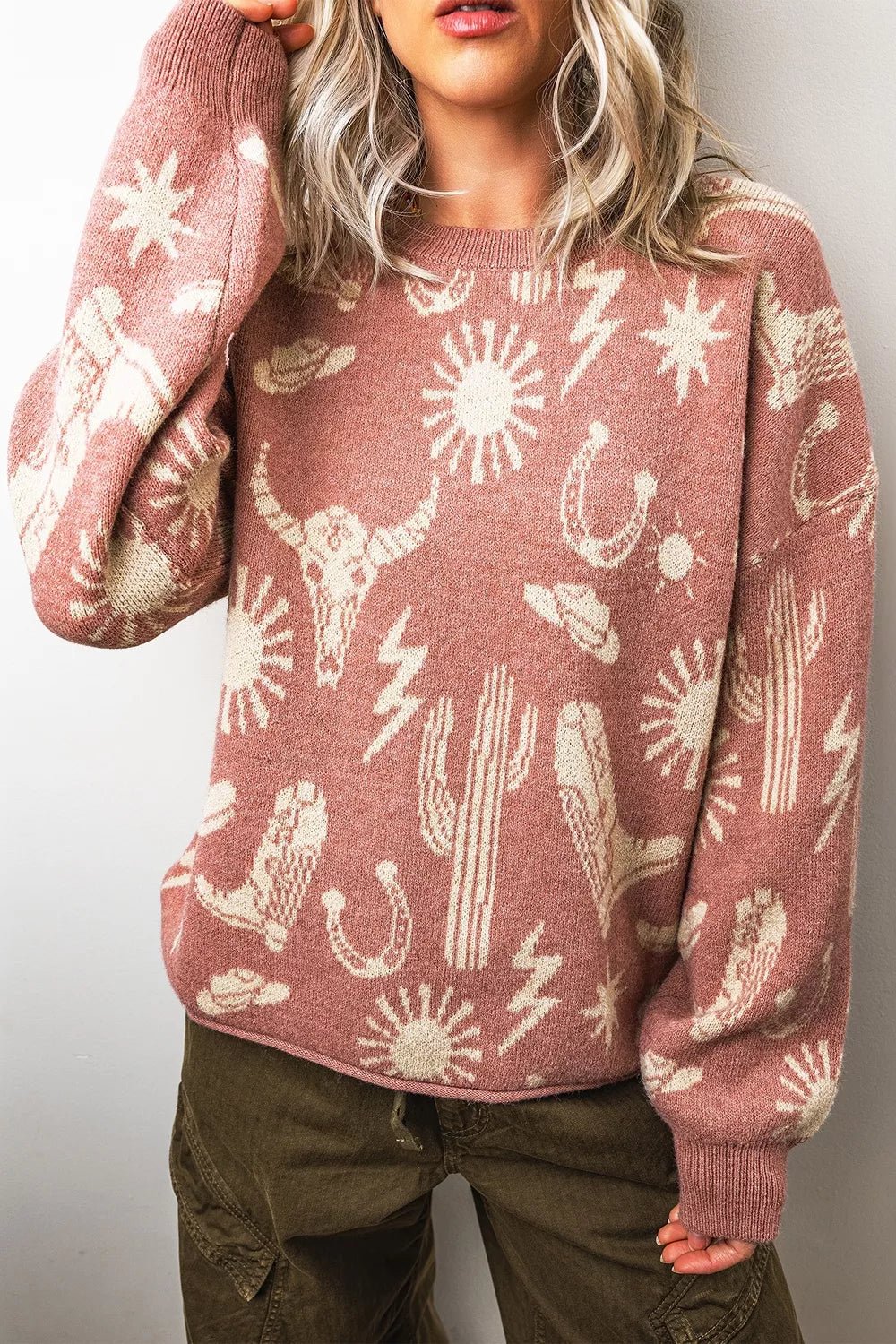 Western Graphic Round Neck Sweater - TheMomCo.