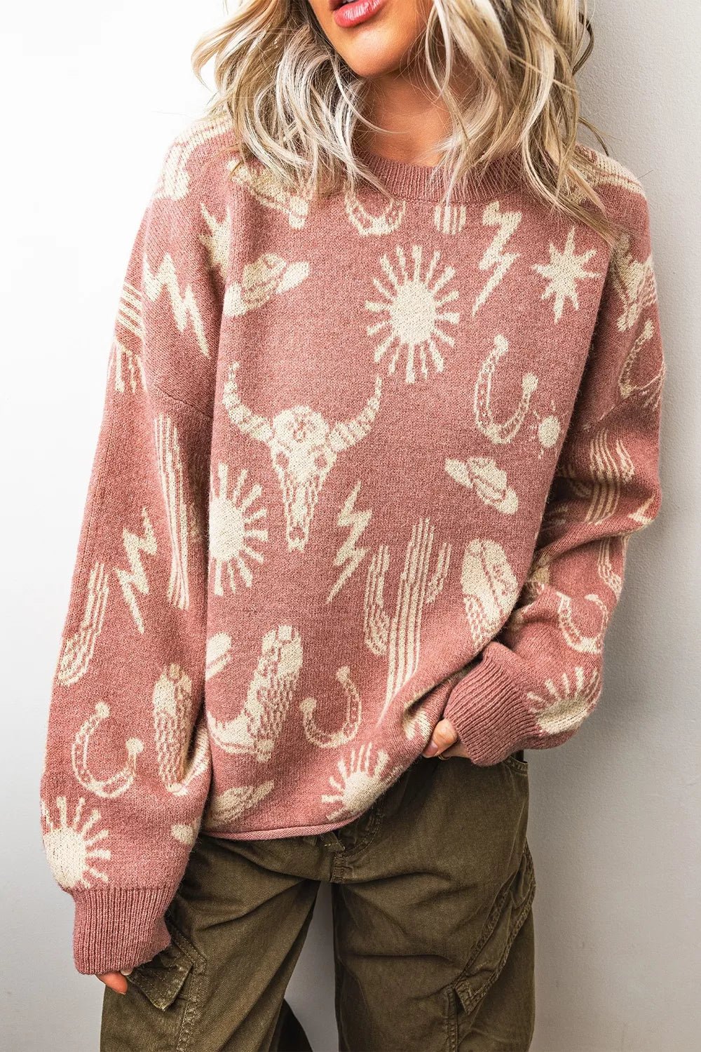 Western Graphic Round Neck Sweater - TheMomCo.